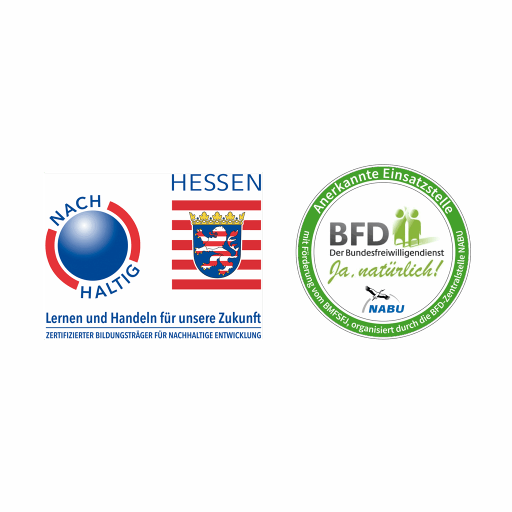 Logos vom BNE Hessen - Nachhaltiges Lernen und Handeln für die Zukunft & Anerkannte Dienststelle für den Bundesfreiwilligendienst